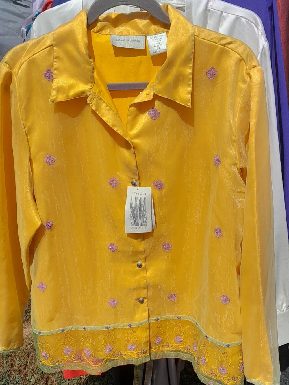 Vintage Lemon Grass Embroidered Silk Satin Blouse Yellow- XL